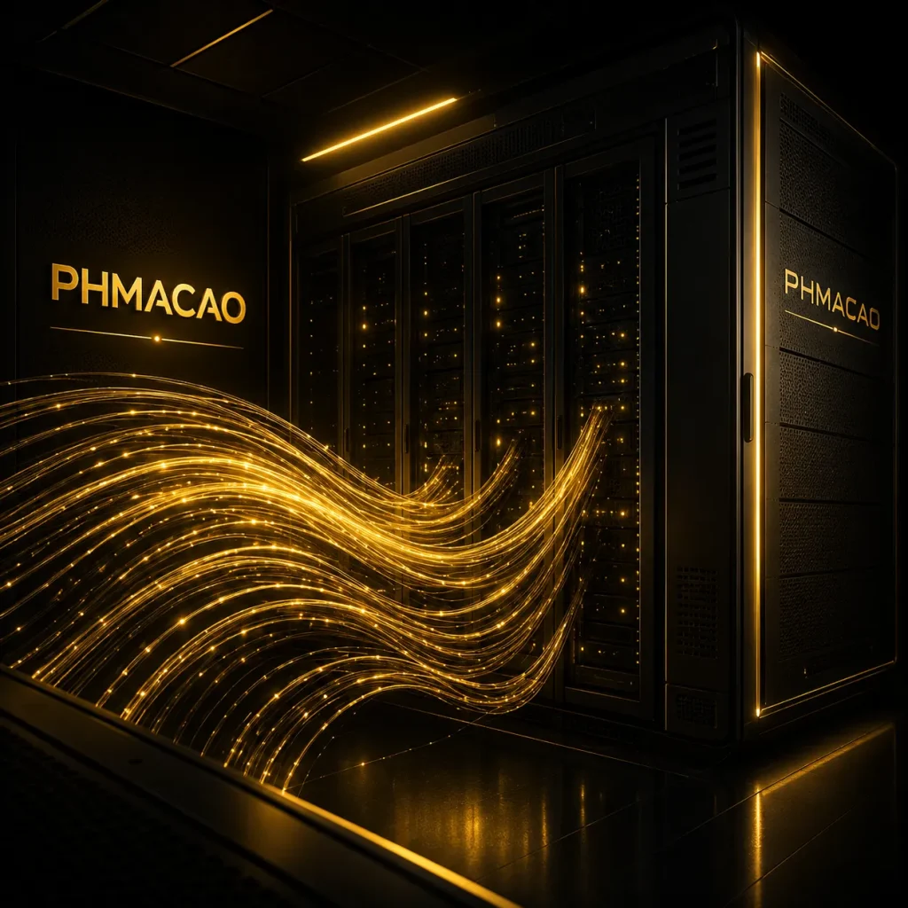 Golden data flow in high-tech server room Golden data flow in high-tech server room